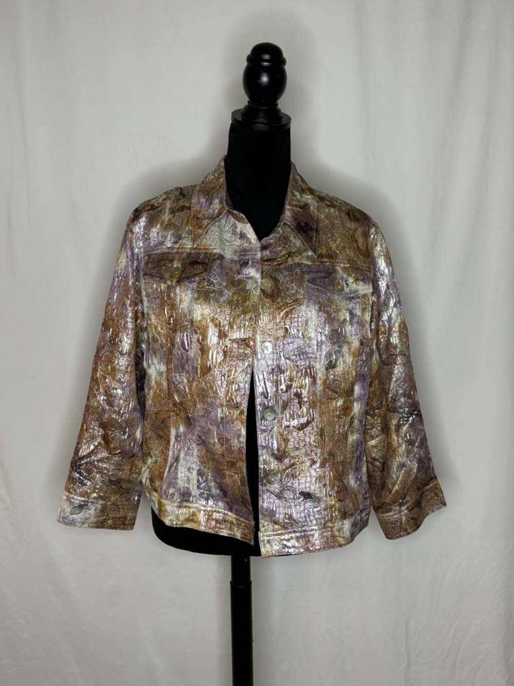 Ruby Rd. Metallic Abstract Floral Jacquard Jacket Size 14 Silver Gold Purple